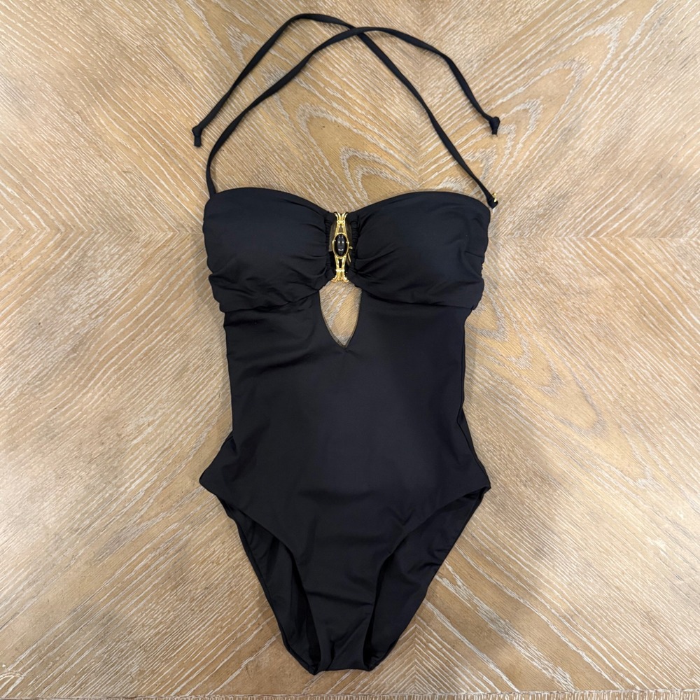 BECCA Rock Solid Gold Buckle Bandeau One Piece Swimsuitβ Black Medium NWOT